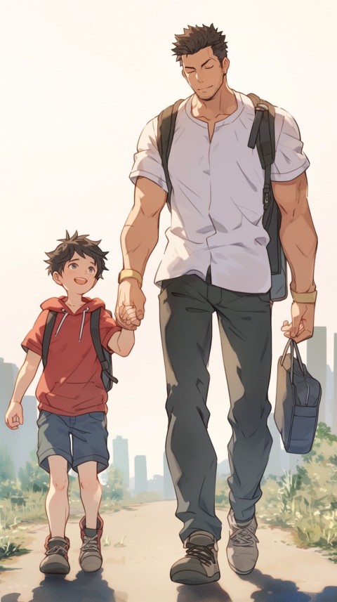 Anime Father Walking hand in Hand with Son Daughter Aesthetic (304)