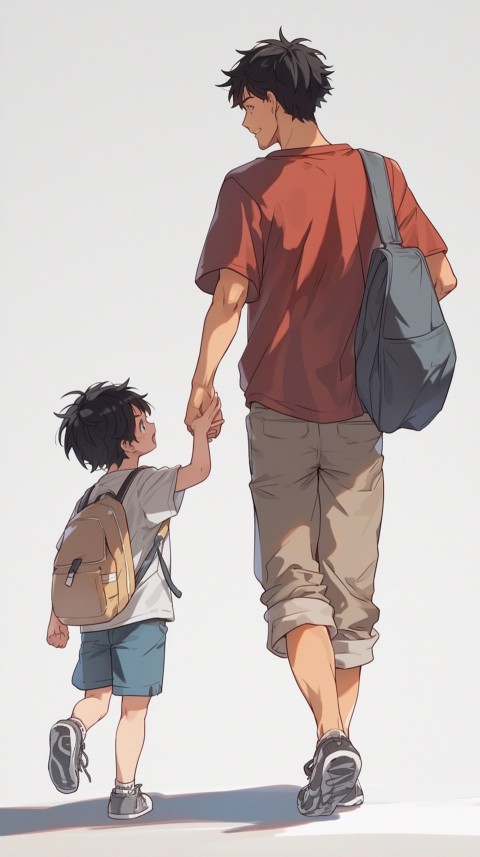 Anime Father Walking hand in Hand with Son Daughter Aesthetic (305)