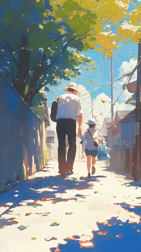 Anime Father Walking hand in Hand with Son Daughter Aesthetic (310)