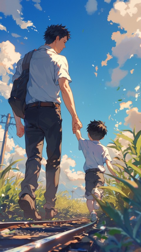 Anime Father Walking hand in Hand with Son Daughter Aesthetic (313)