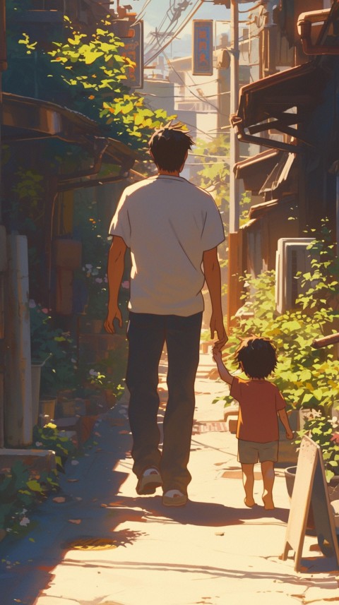 Anime Father Walking hand in Hand with Son Daughter Aesthetic (309)
