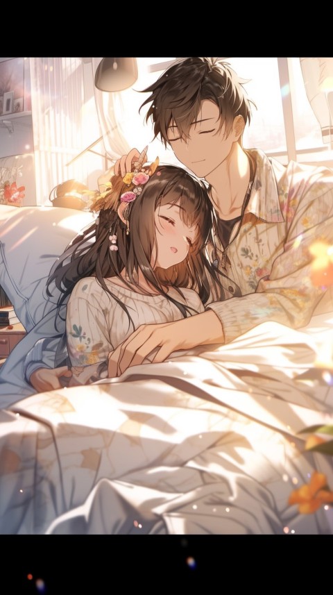 Cute Romantic Anime couple sleeping together on Bed Room Aesthetic (15)