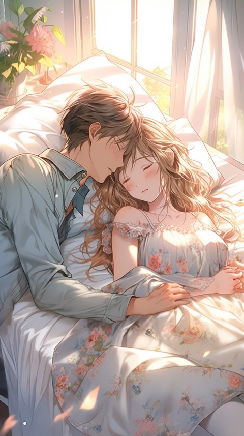 Cute Romantic Anime couple sleeping together on Bed Room Aesthetic (8)