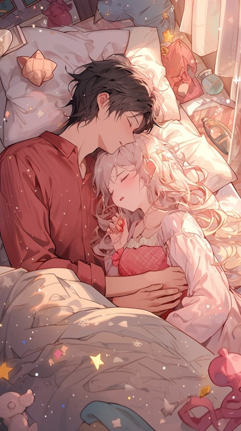 Cute Romantic Anime couple sleeping together on Bed Room Aesthetic (19)