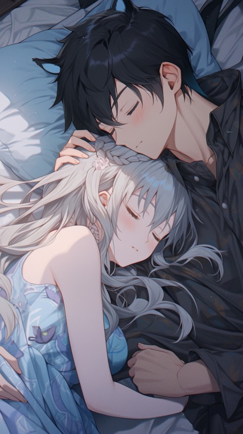 Cute Romantic Anime couple sleeping together on Bed Room Aesthetic (5)