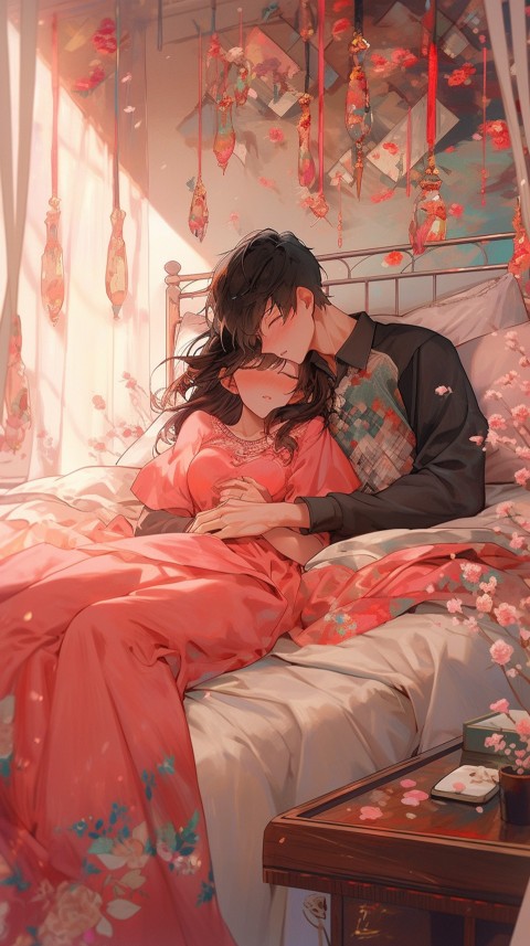 Cute Romantic Anime couple sleeping together on Bed Room Aesthetic (49)