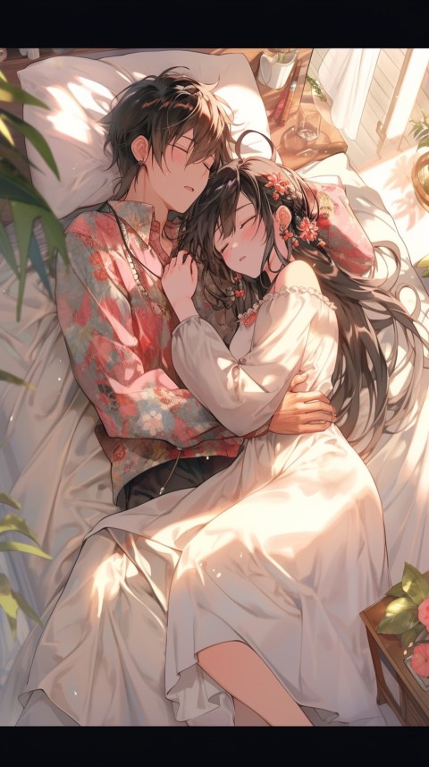Cute Romantic Anime couple sleeping together on Bed Room Aesthetic (81)