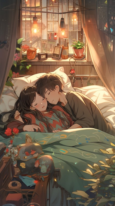 Cute Romantic Anime couple sleeping together on Bed Room Aesthetic (69)