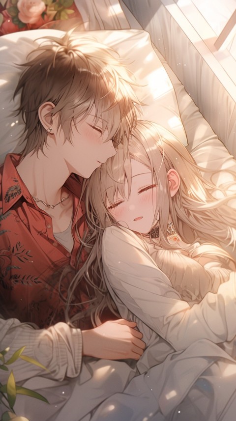 Cute Romantic Anime couple sleeping together on Bed Room Aesthetic (100)