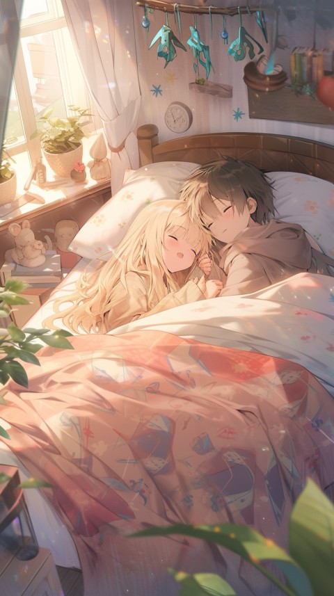 Cute Romantic Anime couple sleeping together on Bed Room Aesthetic (66)