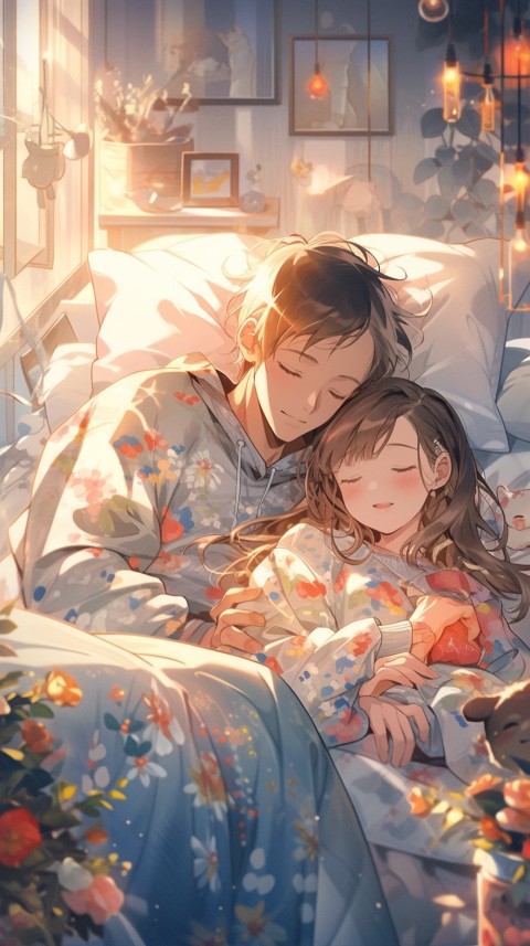 Cute Romantic Anime couple sleeping together on Bed Room Aesthetic (80)