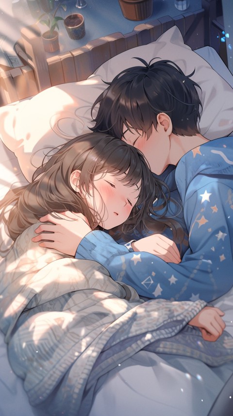 Cute Romantic Anime couple sleeping together on Bed Room Aesthetic (94)