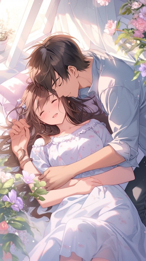 Cute Romantic Anime couple sleeping together on Bed Room Aesthetic (123)