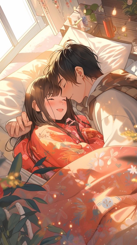Cute Romantic Anime couple sleeping together on Bed Room Aesthetic (117)