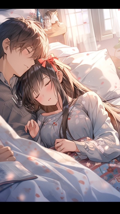 Cute Romantic Anime couple sleeping together on Bed Room Aesthetic (141)