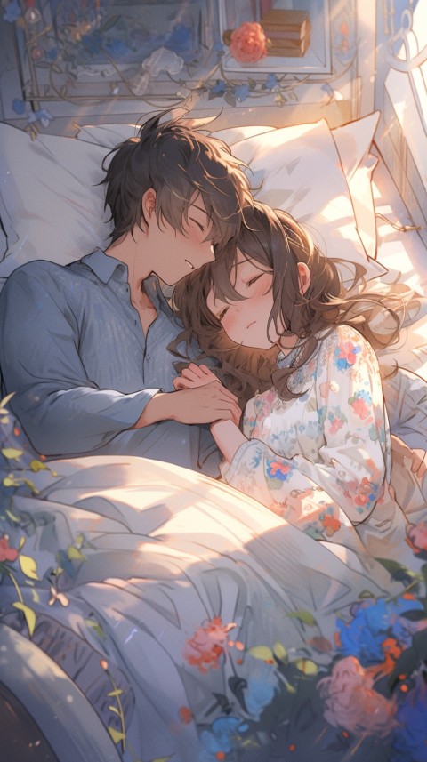 Cute Romantic Anime couple sleeping together on Bed Room Aesthetic (125)