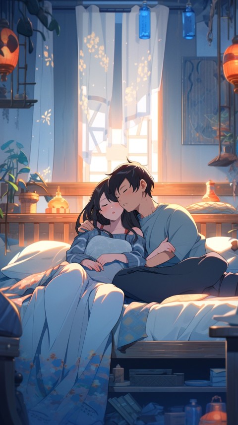 Cute Romantic Anime couple sleeping together on Bed Room Aesthetic (159)