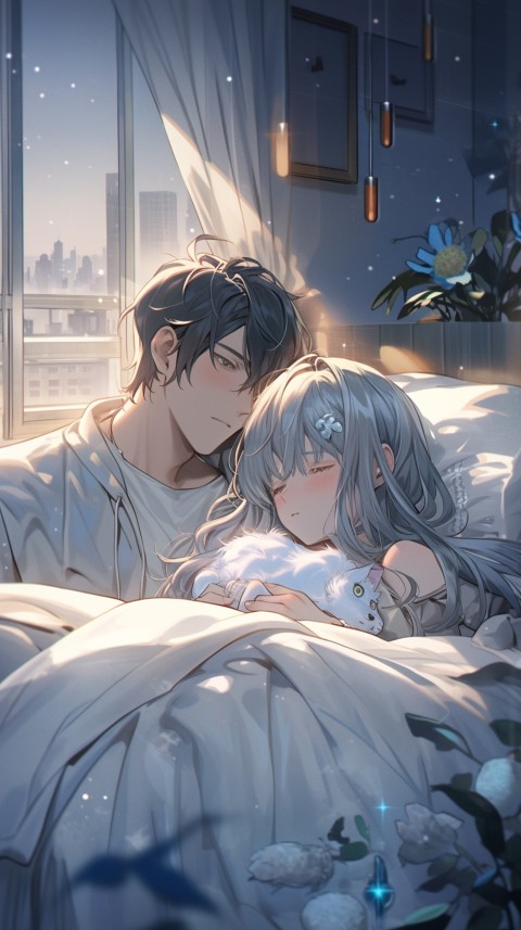 Cute Romantic Anime couple sleeping together on Bed Room Aesthetic (193)