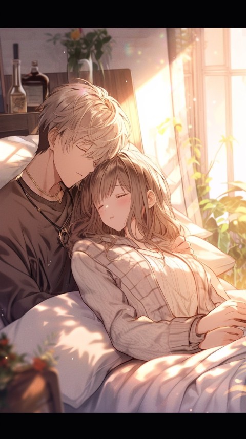 Cute Romantic Anime couple sleeping together on Bed Room Aesthetic (156)