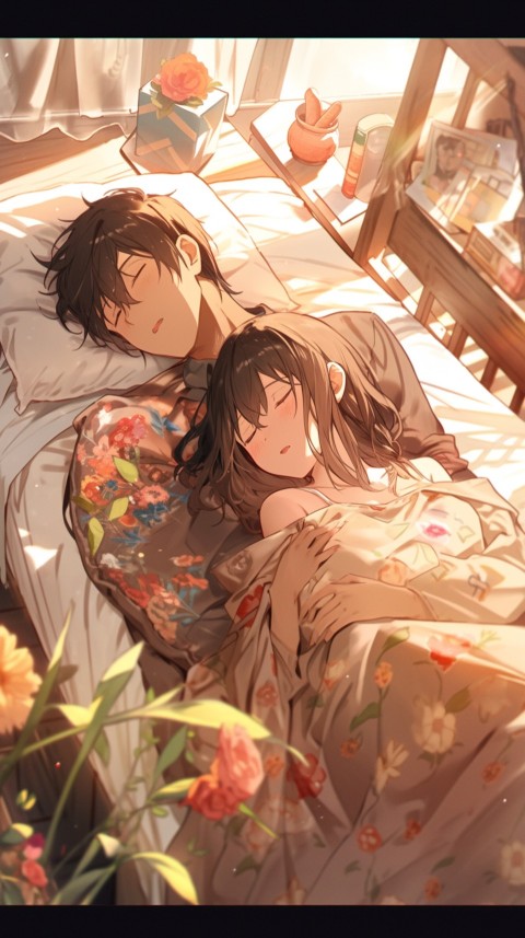 Cute Romantic Anime couple sleeping together on Bed Room Aesthetic (158)