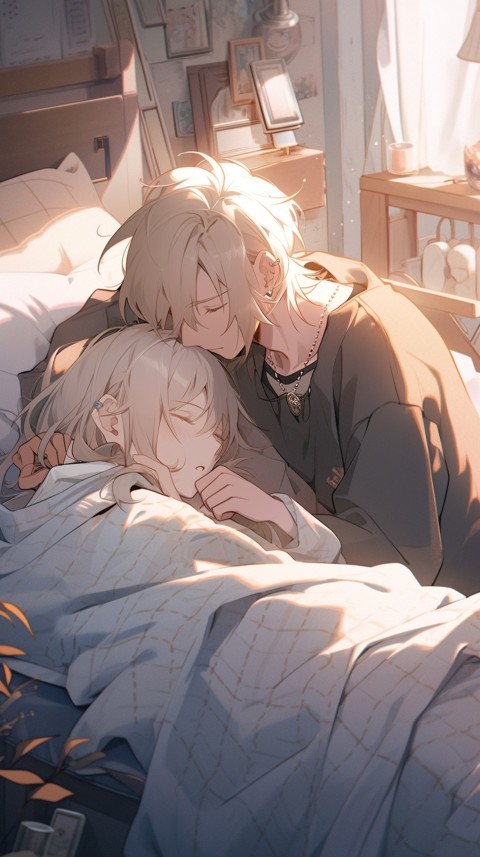 Cute Romantic Anime couple sleeping together on Bed Room Aesthetic (185)