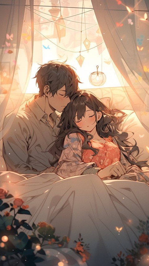 Cute Romantic Anime couple sleeping together on Bed Room Aesthetic (184)