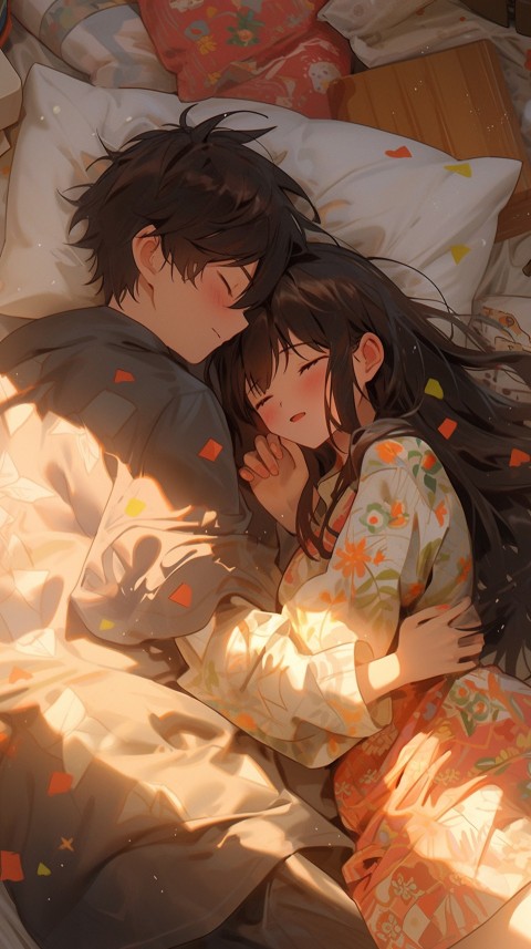 Cute Romantic Anime couple sleeping together on Bed Room Aesthetic (226)