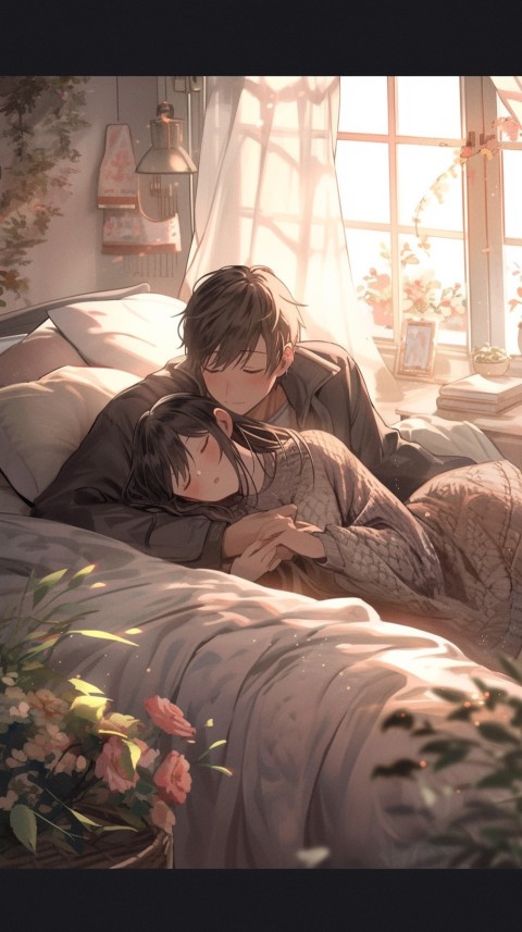 Cute Romantic Anime couple sleeping together on Bed Room Aesthetic (208)