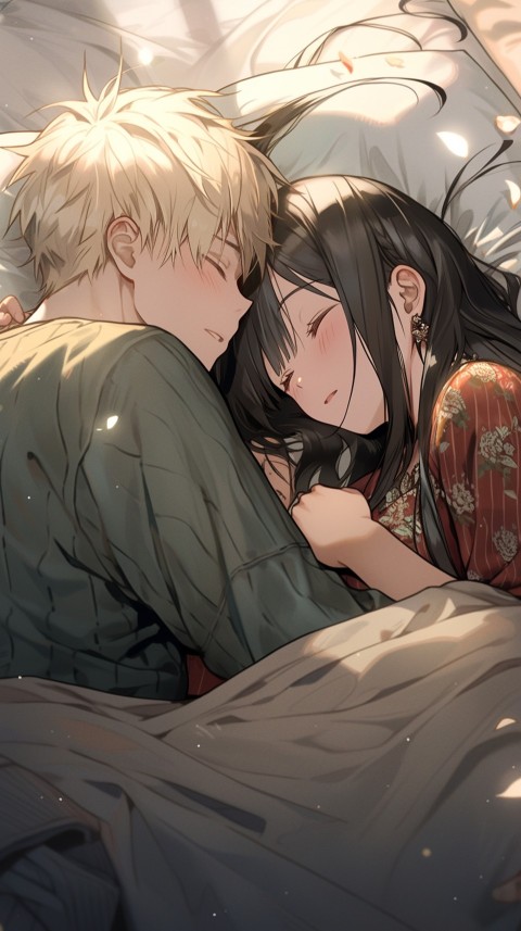 Cute Romantic Anime couple sleeping together on Bed Room Aesthetic (238)