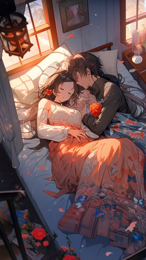 Cute Romantic Anime couple sleeping together on Bed Room Aesthetic (245)