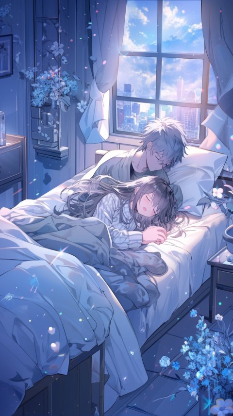 Cute Romantic Anime couple sleeping together on Bed Room Aesthetic (235)