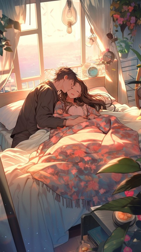 Cute Romantic Anime couple sleeping together on Bed Room Aesthetic (228)