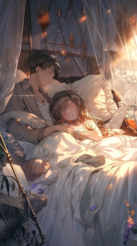 Cute Romantic Anime couple sleeping together on Bed Room Aesthetic (215)
