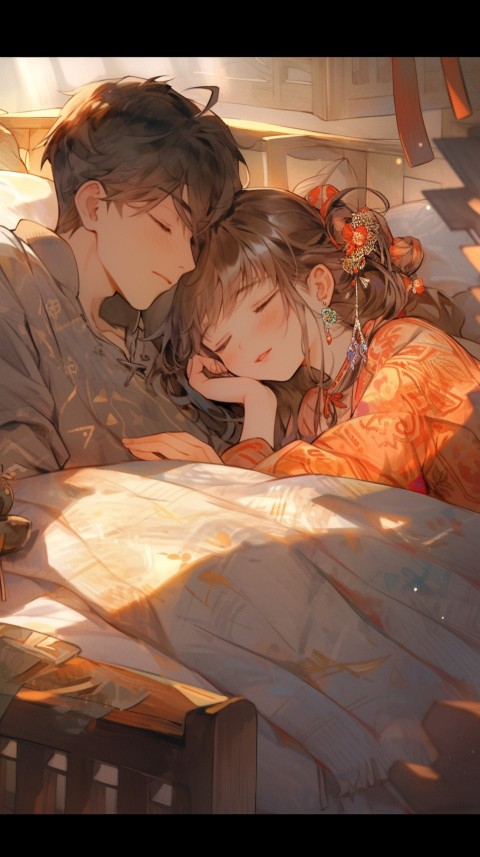 Cute Romantic Anime couple sleeping together on Bed Room Aesthetic (233)