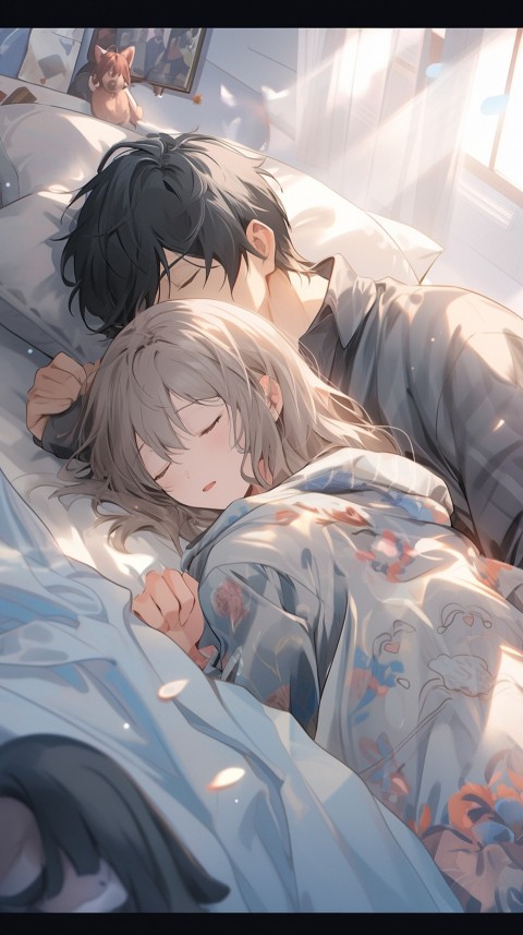 Cute Romantic Anime couple sleeping together on Bed Room Aesthetic (242)