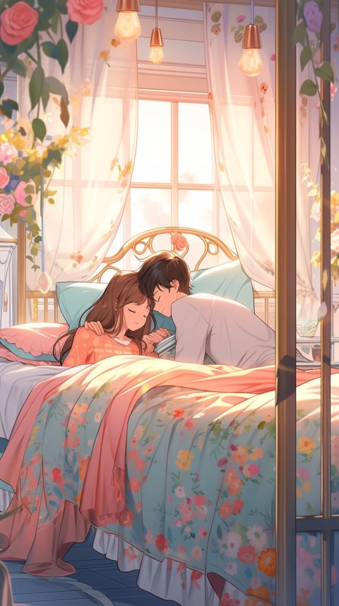 Cute Romantic Anime couple sleeping together on Bed Room Aesthetic (239)