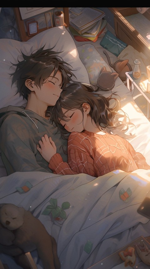 Cute Romantic Anime couple sleeping together on Bed Room Aesthetic (232)