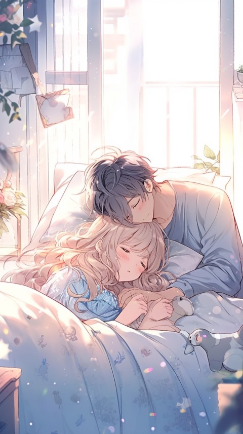 Cute Romantic Anime couple sleeping together on Bed Room Aesthetic (258)