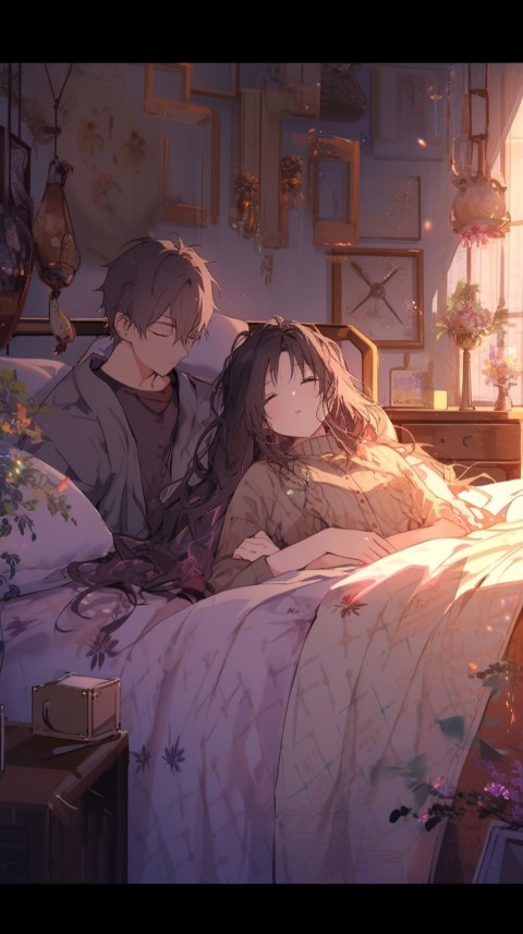 Cute Romantic Anime couple sleeping together on Bed Room Aesthetic (288)