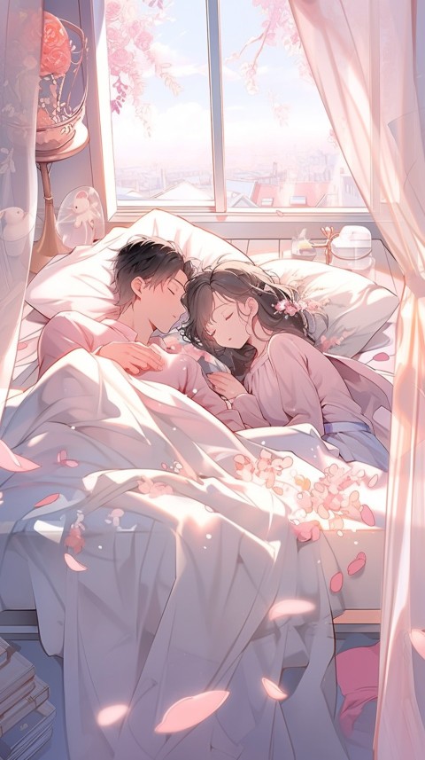 Cute Romantic Anime couple sleeping together on Bed Room Aesthetic (271)