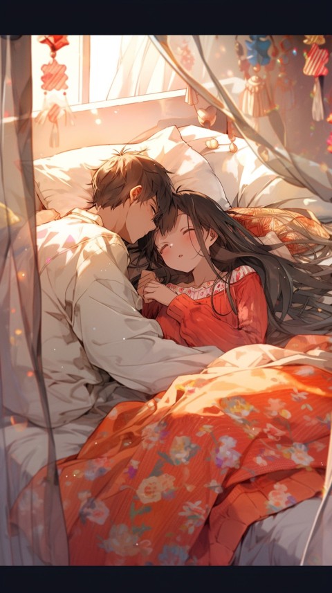 Cute Romantic Anime couple sleeping together on Bed Room Aesthetic (276)