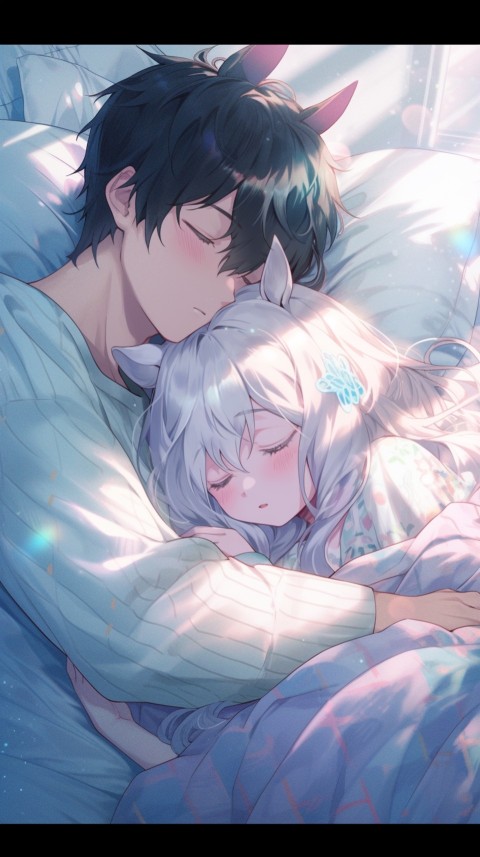 Cute Romantic Anime couple sleeping together on Bed Room Aesthetic (272)