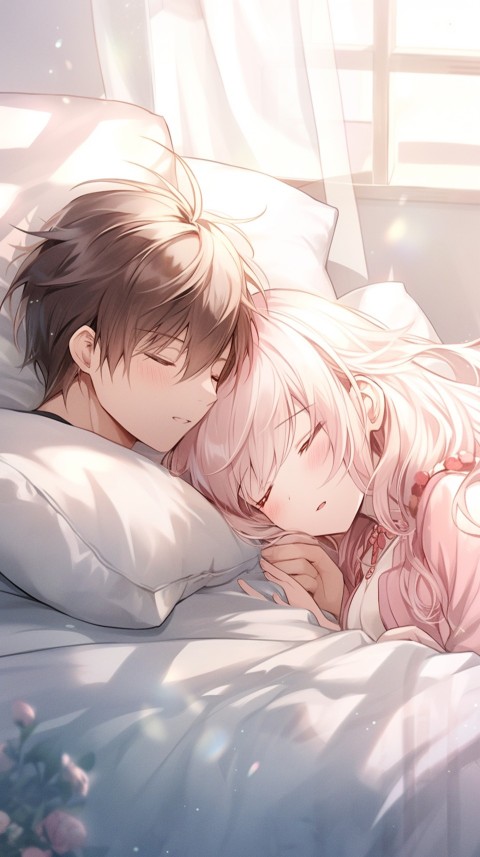 Cute Romantic Anime couple sleeping together on Bed Room Aesthetic (255)