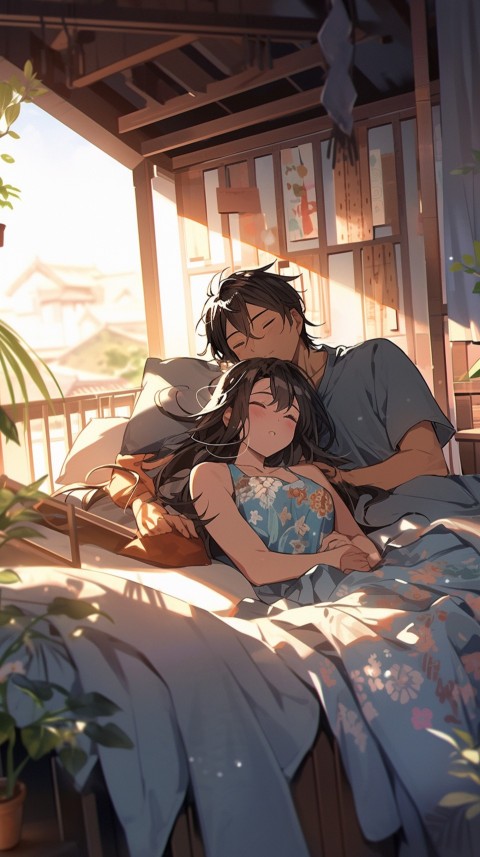 Cute Romantic Anime couple sleeping together on Bed Room Aesthetic (281)