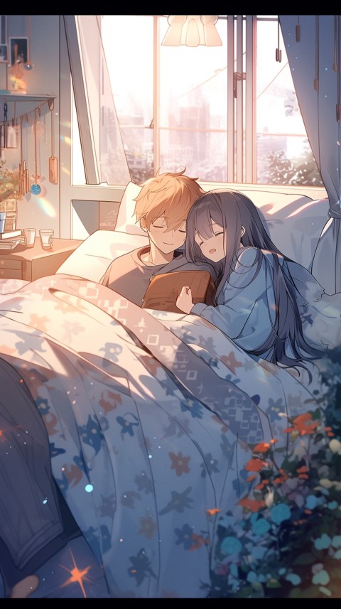 Cute Romantic Anime couple sleeping together on Bed Room Aesthetic (259)
