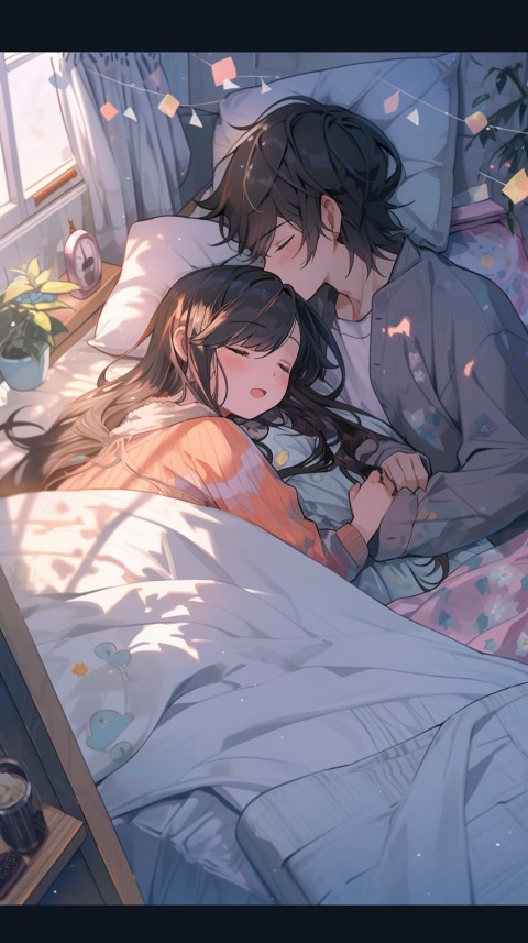 Cute Romantic Anime couple sleeping together on Bed Room Aesthetic (256)