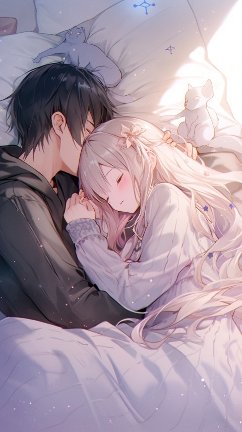 Cute Romantic Anime couple sleeping together on Bed Room Aesthetic (292)