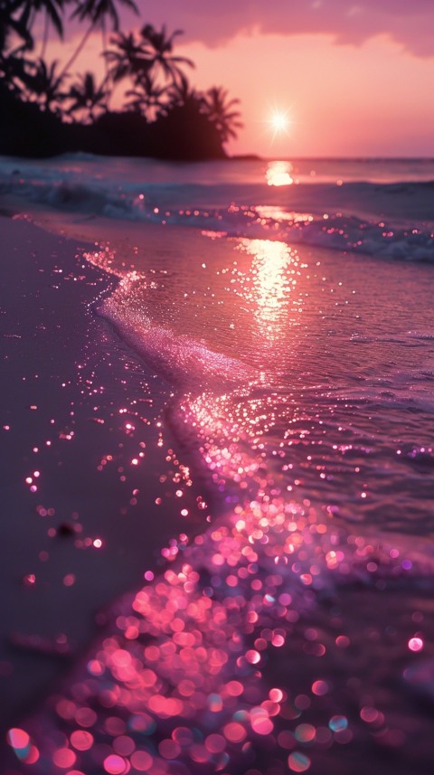 Beautiful beach Aesthetic with palm trees, sparkling water, pink and purple sky, sunset, sparkling glitter on the sand (39)