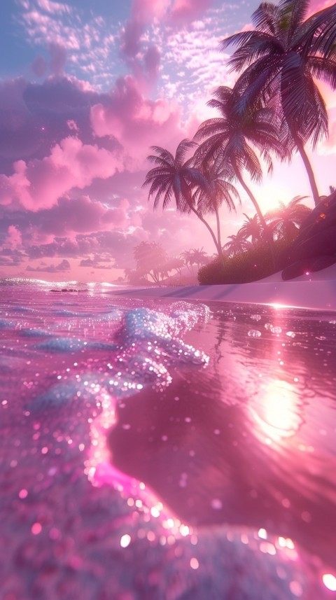 Beautiful beach Aesthetic with palm trees, sparkling water, pink and purple sky, sunset, sparkling glitter on the sand (45)
