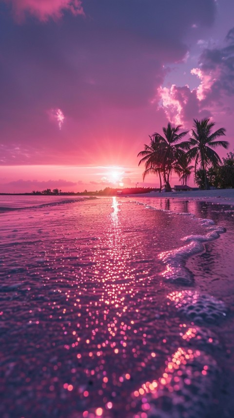 Beautiful beach Aesthetic with palm trees, sparkling water, pink and purple sky, sunset, sparkling glitter on the sand (30)